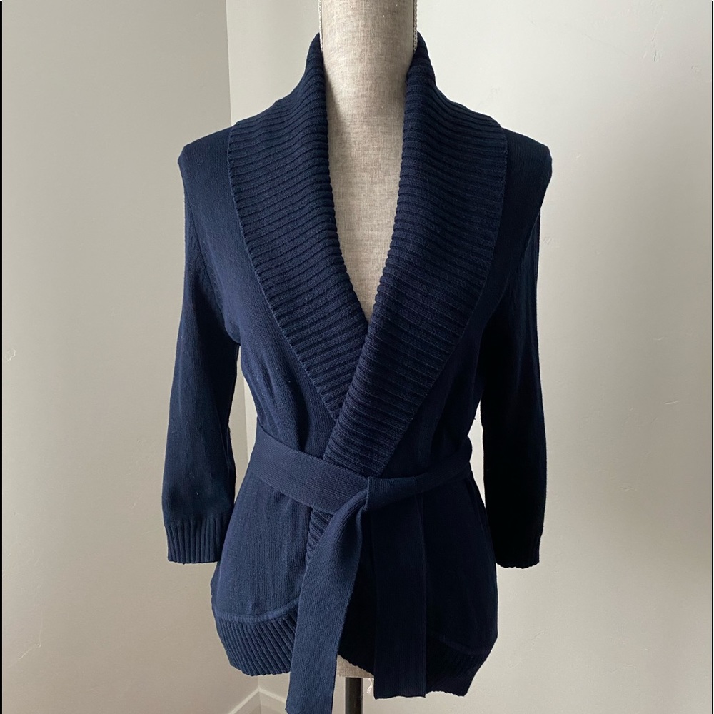 BCBG Beautiful navy blue wrap sweater.